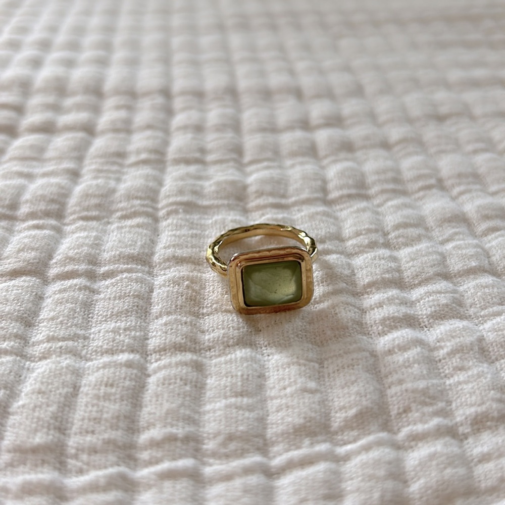 BCBG gold hammered ring with aqua stone, size 6